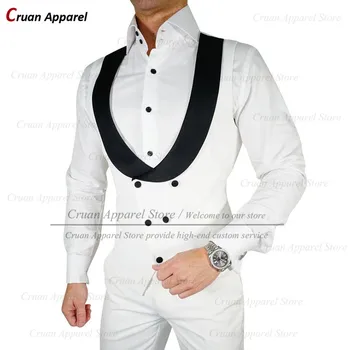 2022 Yeni Moda Beyaz Erkek Takım Elbise Yelek Slim Fit Düğün Sağdıç Damat Yelek Zarif Siyah Şal Yaka Kolsuz Ceketler