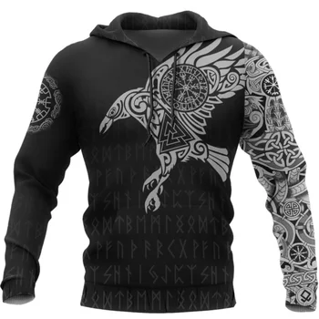 Viking Kuzgun Dövme 3D Baskılı Erkekler Hoodies Retro Harajuku Moda Kapüşonlu Sweatshirt Sonbahar Hoody Casual streetwear hoodie