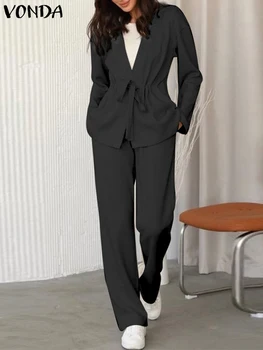 Kadın Takım Elbise 2022 VONDA Moda 2 ADET Zarif Pantolon Setleri Uzun Kollu Katı Seksi V Boyun Tunik Üstleri Ve uzun pantolon Rahat Sokak Takım Elbise