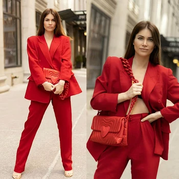 Moda Kırmızı Kadın Blazer Takım Elbise 2 Adet Doruğa Yaka Cep Ceket Flare Pantolon Kruvaze Güç Parti Rahat Seti