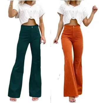 Sonbahar Kış kadın pantolonları Düz Renk Orta Bel İnce Flare Pantolon Rahat Kadife Pantolon