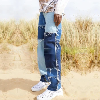 2022 Yaz erkek Kot Kontrast Renk Hip Hop Rahat Yıkanmış Ekleme Kot erkek giyim Moda Sıkıntılı Pantolon