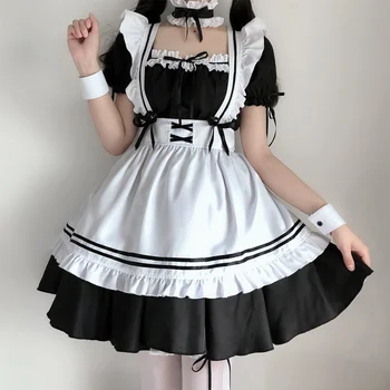 Hizmetçi Tatlı Öğrenciler Çekici Parça Set Kadın Japonya Lolita Cosplay A-line Mini Elbiseler Yaz Sevimli Üniforma Kıyafetler Bayan Elbise