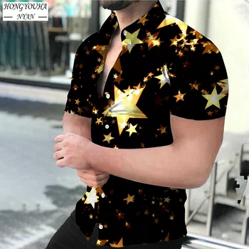 Yeni Yıldız Baskılı Erkek Gömlek Lüks High-end Moda Rahat Kısa Kollu Bluz Tops Streetwear Turn-aşağı Yaka Düğmeli Gömlek