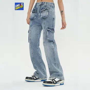 Ön cepler geniş bacak kot hip hop erkekler Sıkıntılı Denim jean Tasarım Yıkama şalvar kot y2k streetwear erkek kot unisex