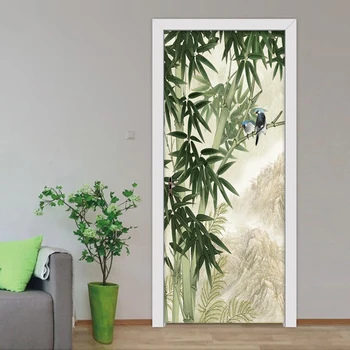3D Kapı Sticker Duvar Kağıdı El Boyalı Bambu Orman Kuş Resim Duvar Çıkartmaları Yatak Odası Oturma Odası Kapı Çıkartmalar Ev Dekor